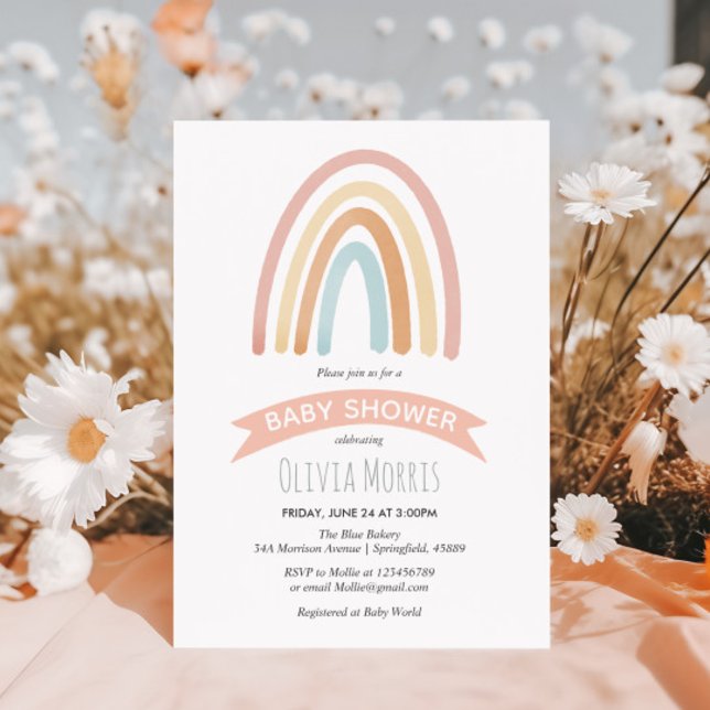 Invitación Baby Girl Cute Pink Boho Rainbow Baby Shower (Subido por el creador)