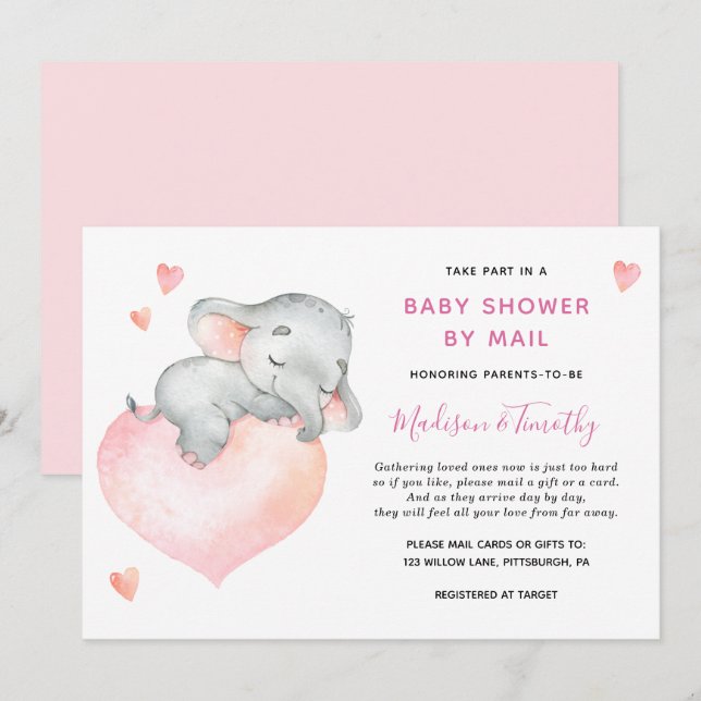 Invitación Baby Girl Elephant Baby Shower Por Correo (Anverso / Reverso)