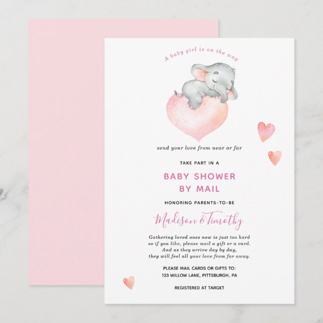 Invitación Baby Girl Elephant Baby Shower Por Correo (Anverso / Reverso)