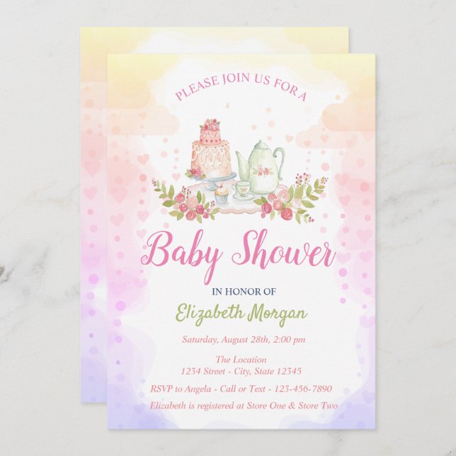 Invitación Baby Girl Floral Teapot Baby Shower (Anverso / Reverso)