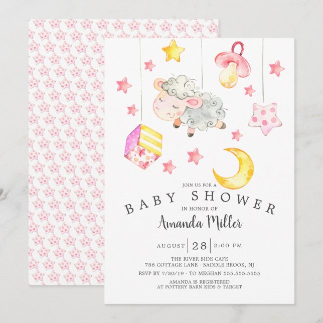 Invitación Baby Girl Mobile Lamb Baby Shower (Anverso / Reverso)
