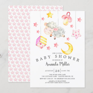 Invitación Baby Girl Mobile Lamb Baby Shower