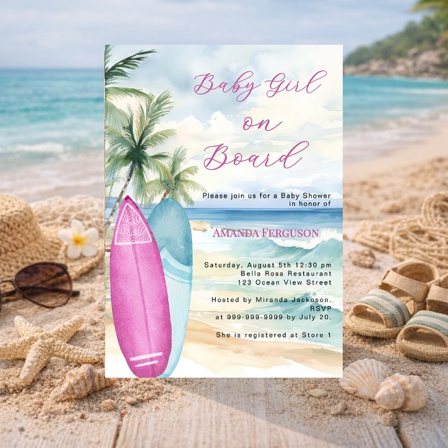 Invitación Baby Girl on Board surfboard beach Baby Shower (Subido por el creador)