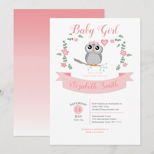 Invitación Baby Girl owl bear babyshower (Anverso / Reverso)