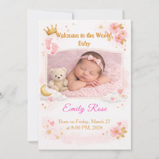Invitación Baby Girl Photo Announcement Card Pink Floral