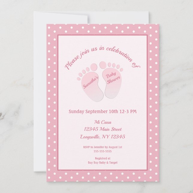 Invitación Baby Girl Pies Rosa Polka Dot Baby Shower (Anverso)