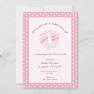 Invitación Baby Girl Pies Rosa Polka Dot Baby Shower