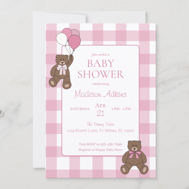 Invitación Baby Girl Pink and White Teddy Bear Baby Shower (Anverso)