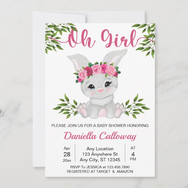 Invitación Baby Girl Pink Floral Bunny Baby Shower (Anverso)