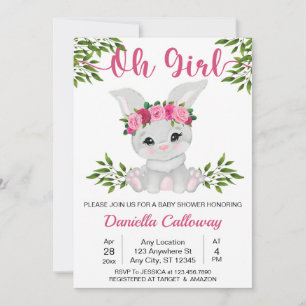 Invitación Baby Girl Pink Floral Bunny Baby Shower