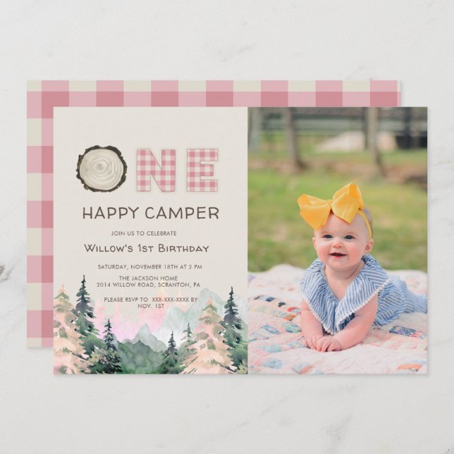 Invitación Baby Girl Rustic One Happy Camper Birday (Anverso / Reverso)
