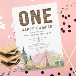 Invitación Baby Girl Rustic One Happy Camper Birday