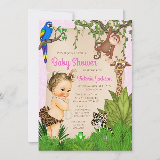 Invitación Baby Girl Safari Animals Jungle Baby Shower (Anverso)