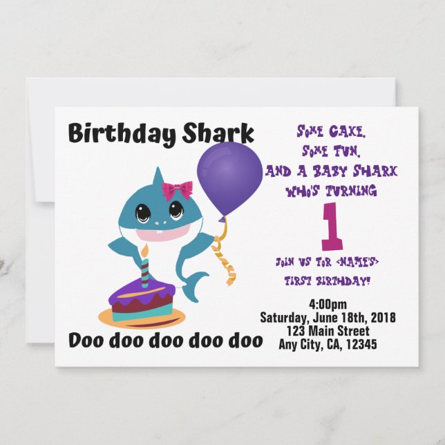 Invitación Baby Girl Shark Personalizada Birthday Party (Anverso)