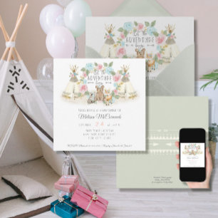 Invitación Baby Girl Shower Adventure Begin Teepee Bear Deer