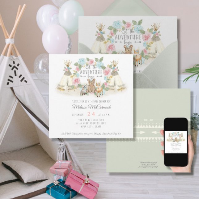 Invitación Baby Girl Shower Adventure Begin Teepee Bear Deer (Subido por el creador)