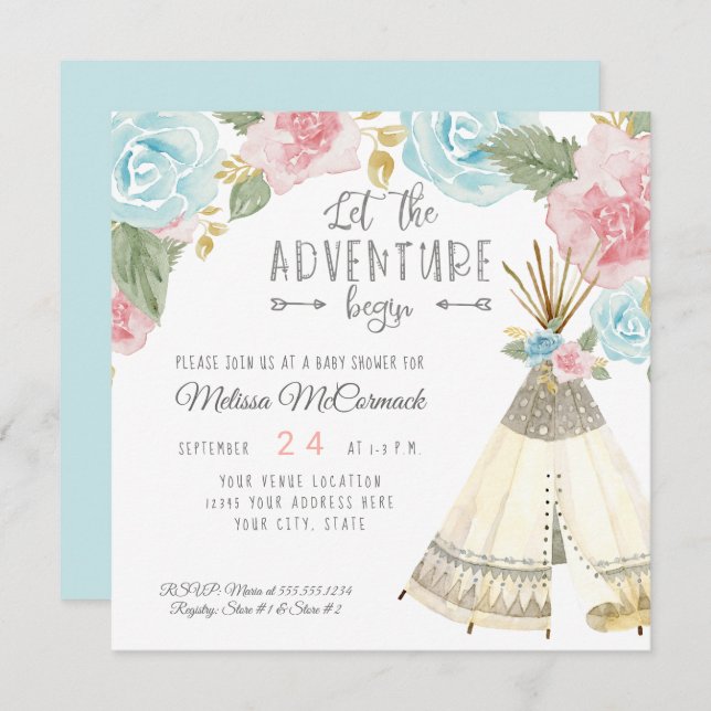 Invitación Baby Girl Shower Adventure Begin Teepee Pastel (Anverso / Reverso)