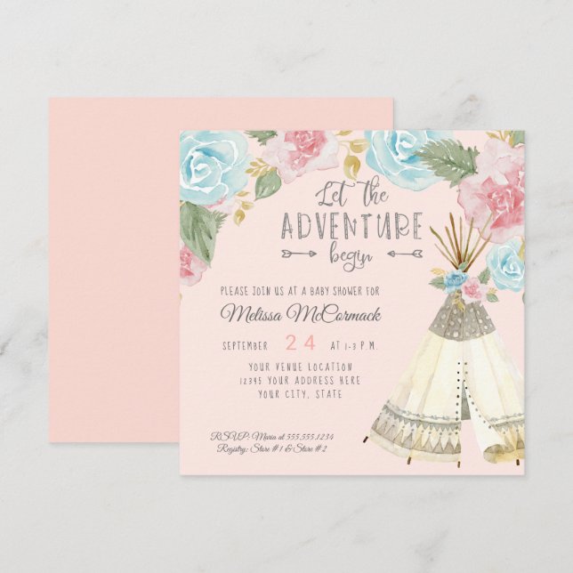 Invitación Baby Girl Shower Adventure Begin Teepee w Rosas (Anverso / Reverso)