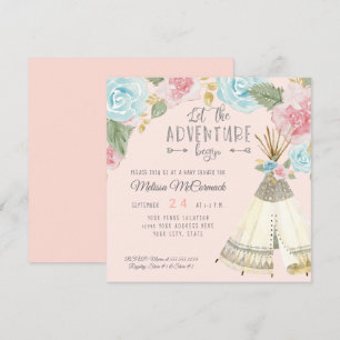 Invitación Baby Girl Shower Adventure Begin Tepee con Rosas