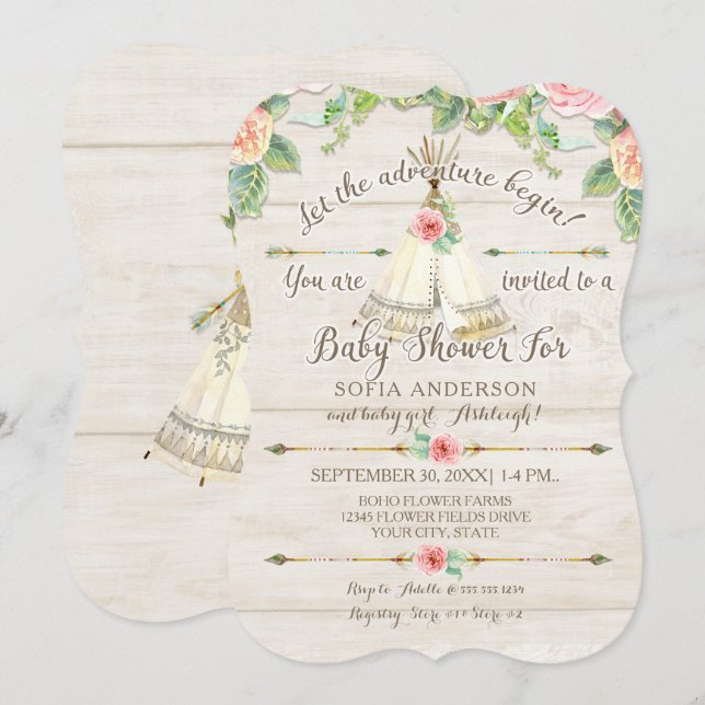 Invitación Baby Girl Shower BOHO Teepee Arrow Barn Wood Board (Anverso / Reverso)