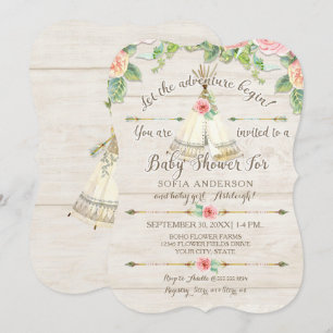 Invitación Baby Girl Shower BOHO Teepee Arrow Barn Wood Board