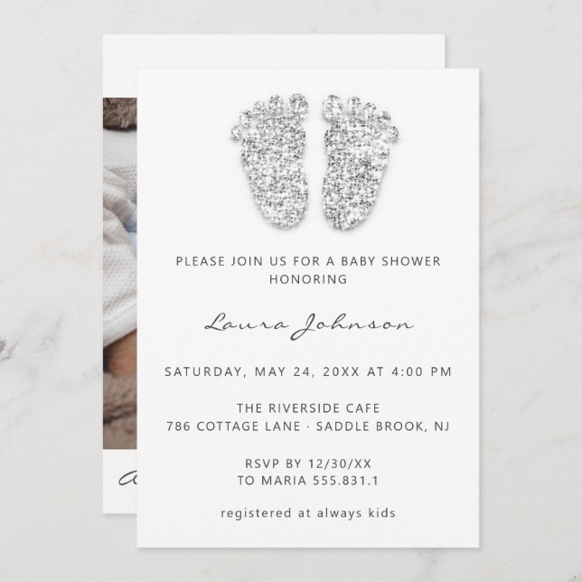 Invitación Baby Girl Shower Feet Glitter White Gray Photo Inv (Anverso / Reverso)