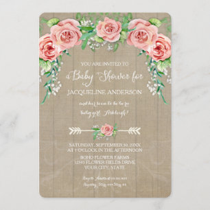 Invitación Baby Girl Shower Flor BOHO Crown Barwn Wood Board