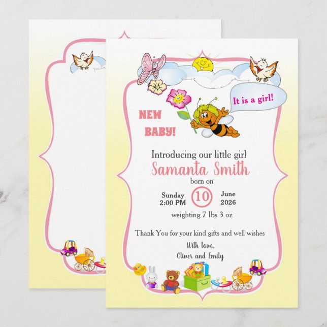 Invitación baby girl shower invitation with a cute bee (Anverso / Reverso)