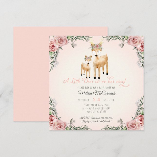 Invitación Baby Girl Shower Little Deer Antler Rosa Square (Anverso / Reverso)