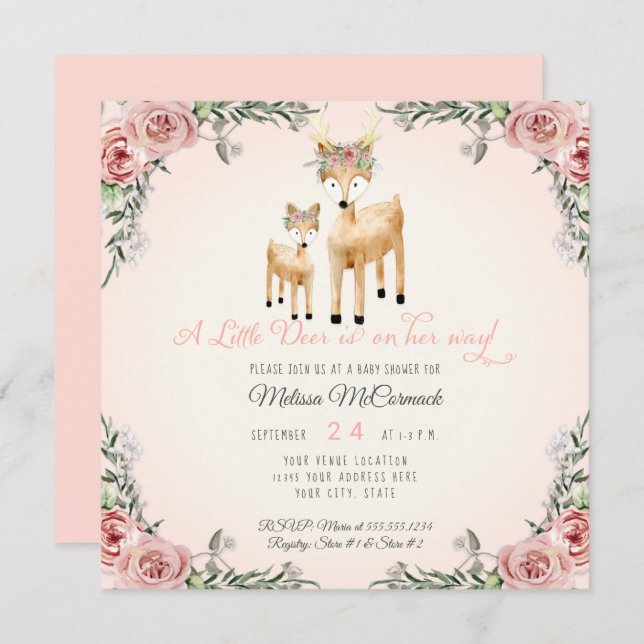 Invitación Baby Girl Shower Little Deer Antler Rosa Square (Anverso / Reverso)