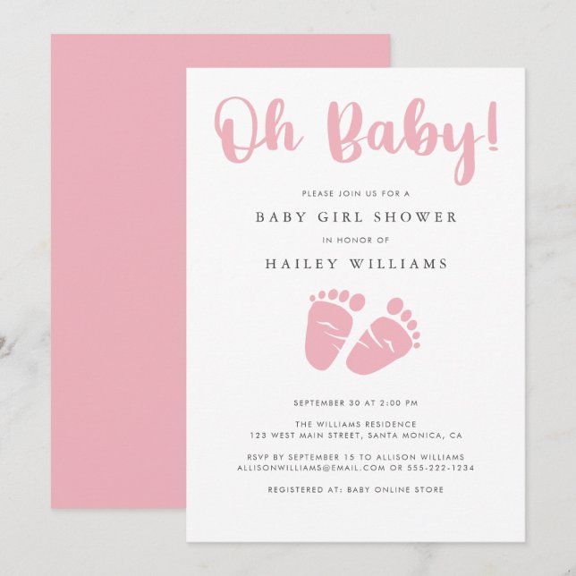 Invitación Baby Girl Shower | Oh Baby Pies De Bebé Rosa (Anverso / Reverso)