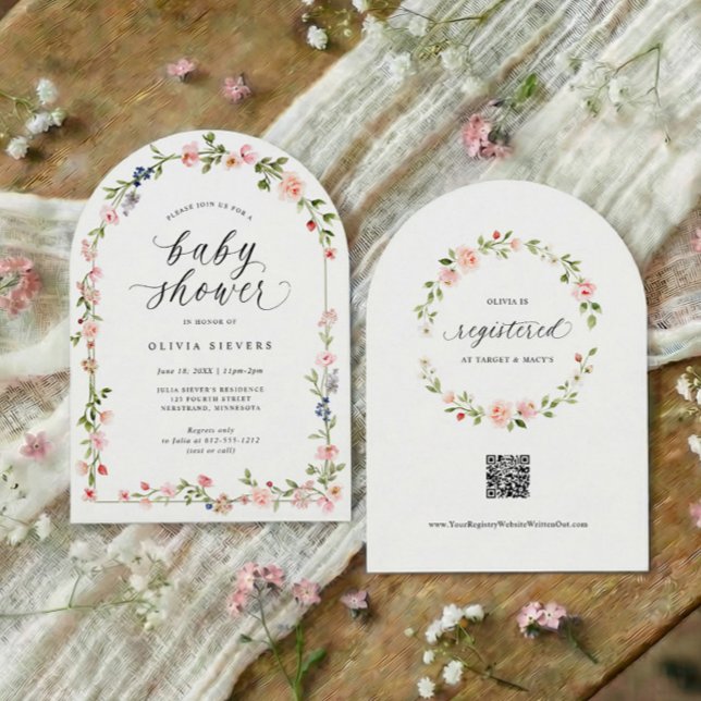 Invitación Baby Girl Shower Pink Watercolor Floral Arch (Baby girl shower invitation with pink watercolor floral arch and elegant script text)