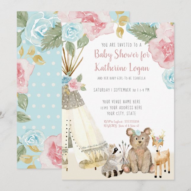Invitación Baby Girl Shower Woodland Bear Deer Floral Teepee (Anverso / Reverso)