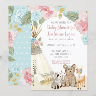 Invitación Baby Girl Shower Woodland Bear Deer Floral Teepee