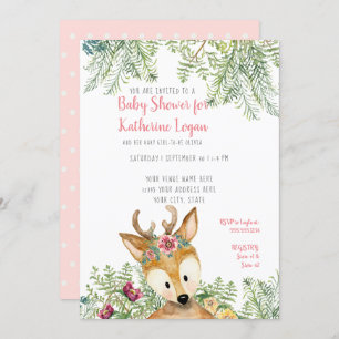Invitación Baby Girl Shower Woodland Forest Boho Deer Floral