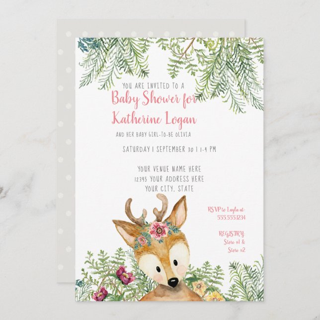 Invitación Baby Girl Shower Woodland Forest Grey Deer Floral (Anverso / Reverso)