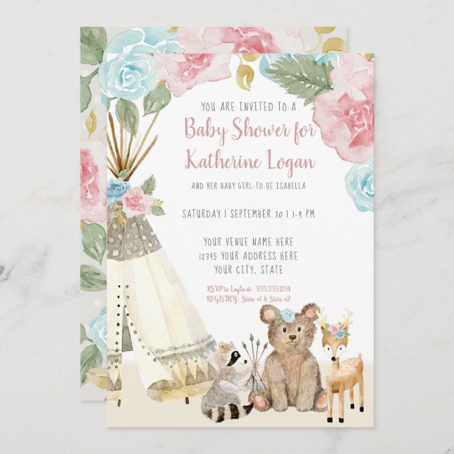 Invitación Baby Girl Shower Woodland Gray Deer Floral Teepee (Anverso / Reverso)