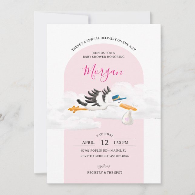 Invitación Baby Girl Special Delivery Stork Baby Shower (Anverso)