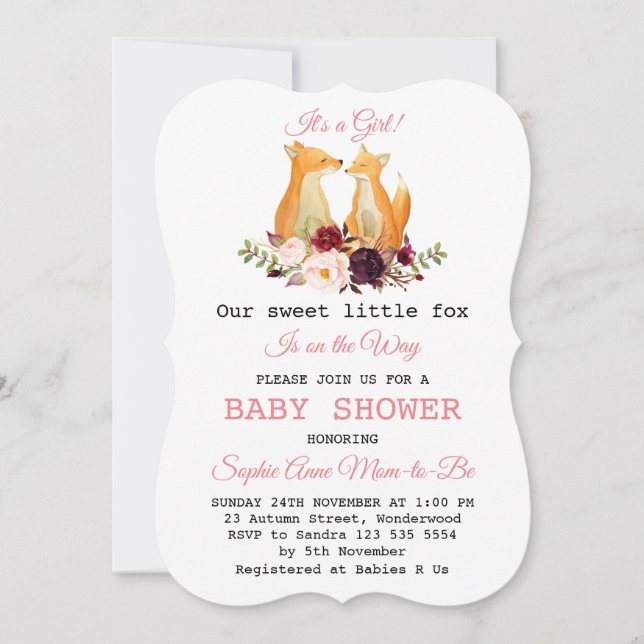 Invitación Baby Girl Sweet Fox Woodland Baby Shower (Anverso)