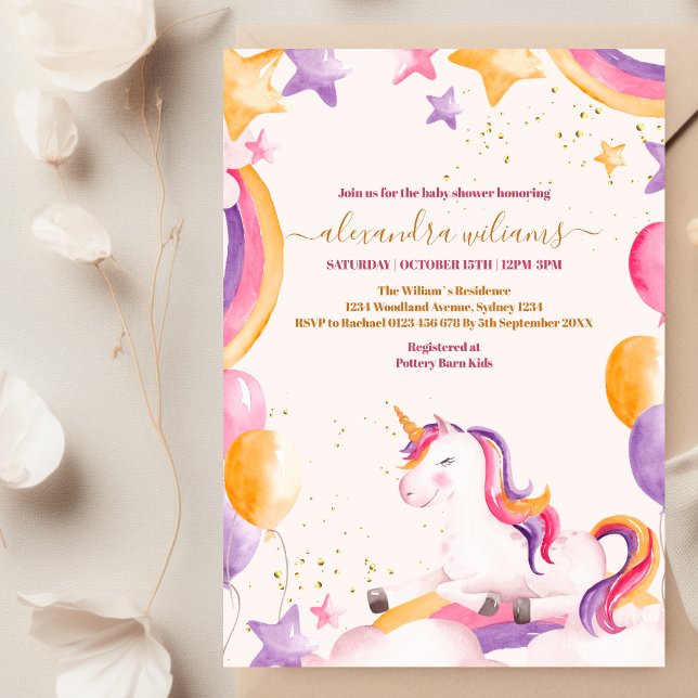 Invitación Baby Girl Unicorn Gold Purpurina Baby Shower (Subido por el creador)
