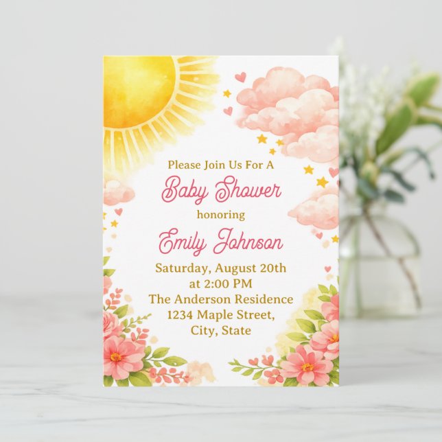 Invitación Baby Girl Watercolor Sunshine Shower (Anverso de pie)