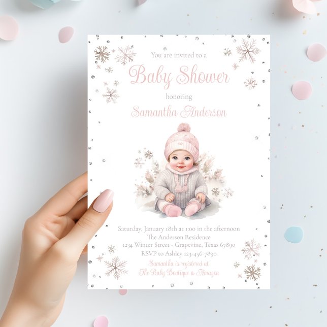 Invitación Baby Girl Winter Snowflake Baby Shower (Baby girl snowflake winter baby shower invitation. Simply add your event details.)