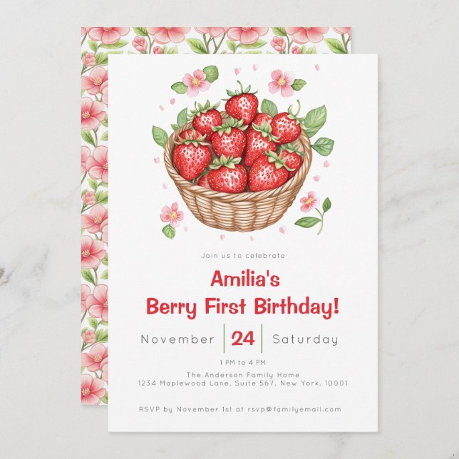 Invitación Baby Girls Strawberry Berry First Birthday  (Anverso / Reverso)