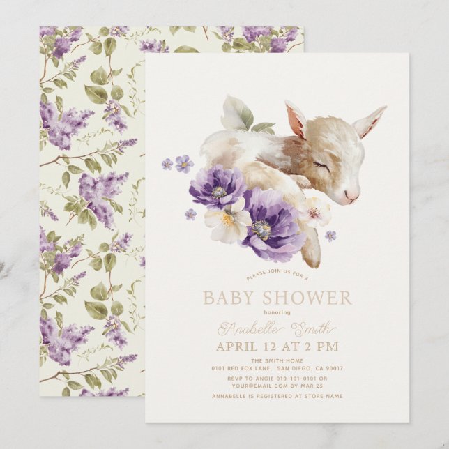 Invitación Baby Goat Purple Floral Baby Shower (Anverso / Reverso)