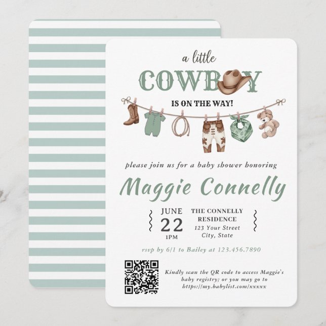 Invitación Baby Green Little Cowboy is on the Way Invitation (Anverso / Reverso)