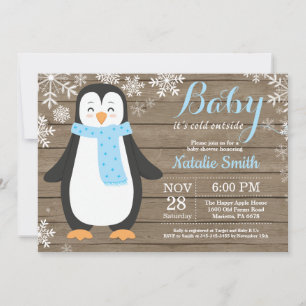 Invitación Baby hace frío afuera Baño de bebé pingüino rústic