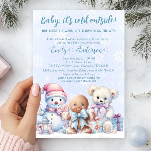 Invitación Baby, hace frío afuera, ducha de bebé de invierno  (Winter baby shower invitation with adorable snowman, gingerbread cookie and teddy bear.)