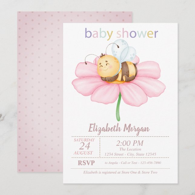 Invitación Baby Honey Bee Flower Dots Baby Shower (Anverso / Reverso)