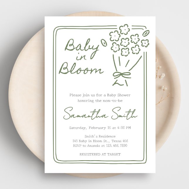 Invitación Baby In Bloom Baby Shower (Green Hand Drawn Baby in Bloom Baby Shower Invitation)