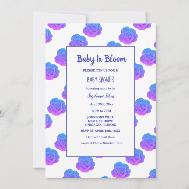 Invitación Baby In Bloom Baby Shower Blue Purple Pink Cute (Anverso)